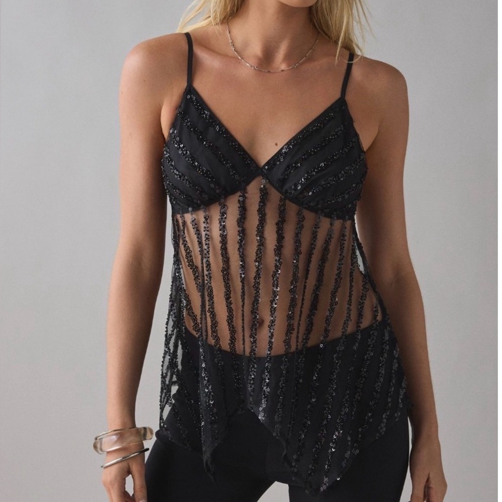 New! beaded embroidered sheer mesh babydoll cami / NWT